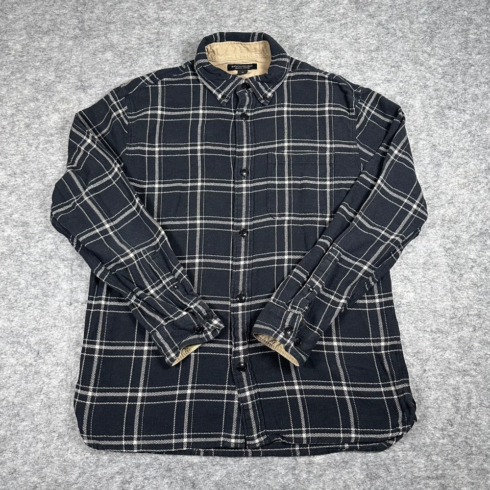 Banana Republic Mens Medium Plaid Flannel Shirt Navy Blue‎ Organic Cotton